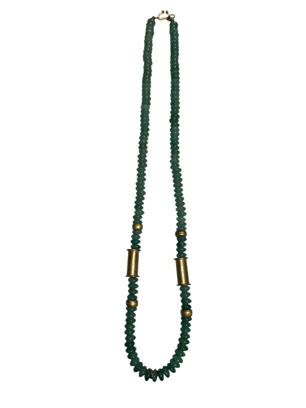 Vintage Jade-Tone Green Stone Beaded Necklace – Long Strand with Brass Spacers - Picture 8 of 13